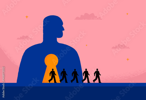 A conceptual illustration with a large human figure with a keyhole in his chest, through which abstract little people pass. The metaphor of the inner self, the journey and the path to self-discovery.