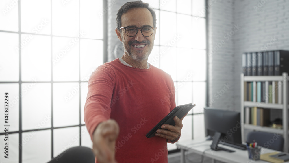 Mature hispanic man in red sweater holding tablet and smiling in modern office with large windows and bookshelves in background reaching for handshake