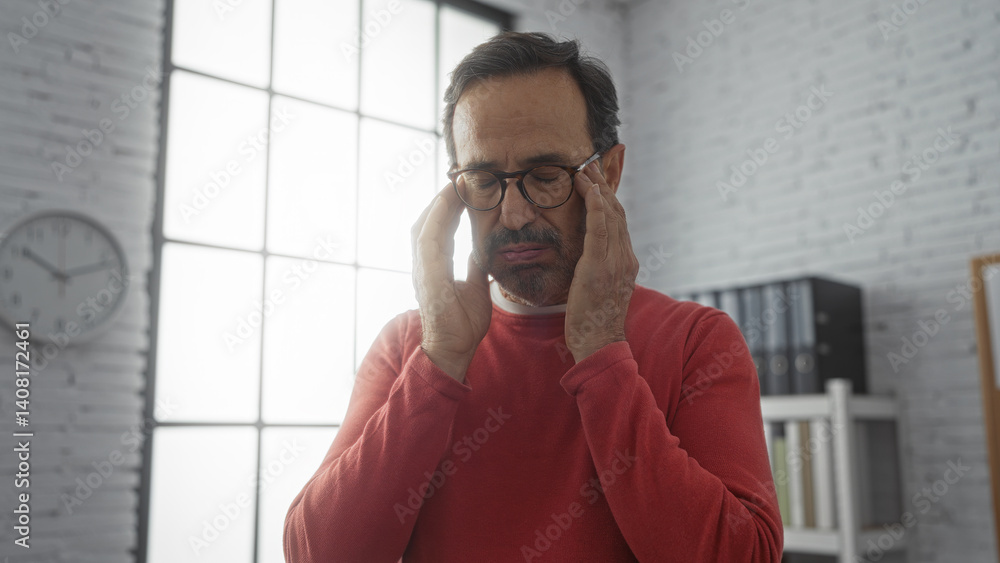 Man in office experiencing stress with hands on temples wearing glasses and red sweater in modern workplace with white brick walls and large window
