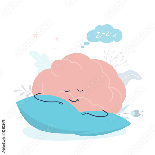 Human brain character has a healthy sleep in the bed. Brain mascot lying on pillow, mind sleeping and relax. Bedtime, night