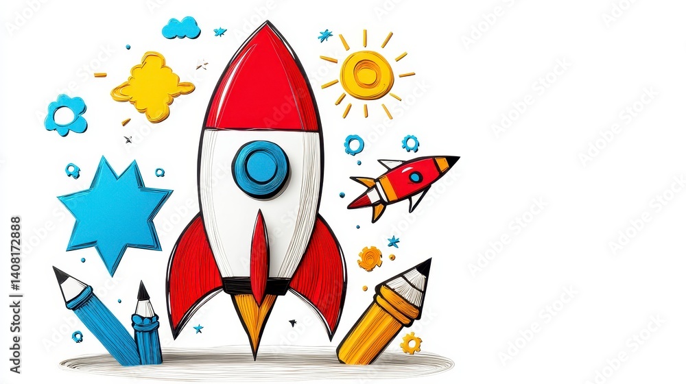 Colorful Rocket Illustration with Creative Elements on White Background Colorful Rocket Illustration with Creative Elements on White Background