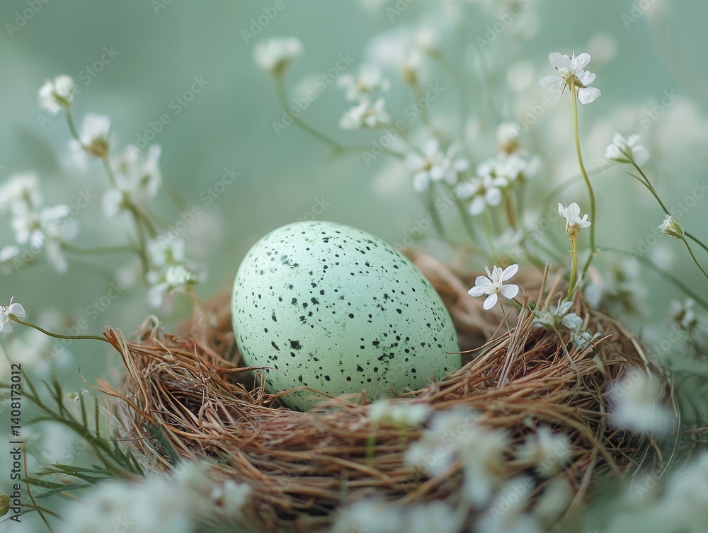 Fototapeta premium Speckled Easter Egg Nestled Among Delicate White Flowers: A Symbol of New Beginnings, Spring's Joy, and the Gentle Beauty of Nature's Renewal