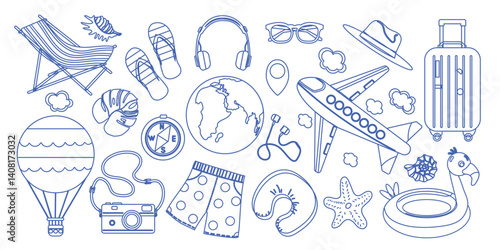 Hand drawn vintage summer doodle collection for beach party design. Includes vacation themed elements perfect for cards, stickers and summer sale banners. Dolce vita style illustration.