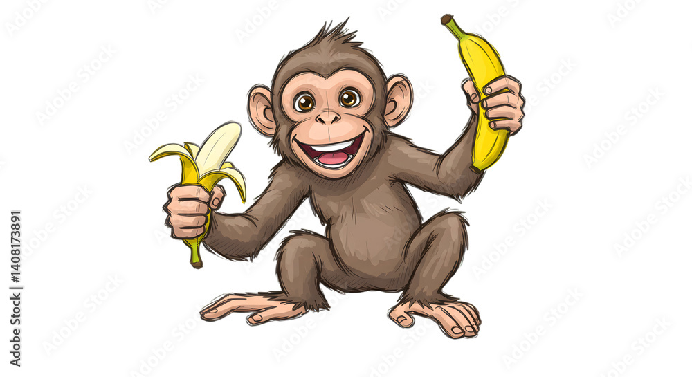 Naklejka premium Illustration of a smiling and happy monkey holding a banana