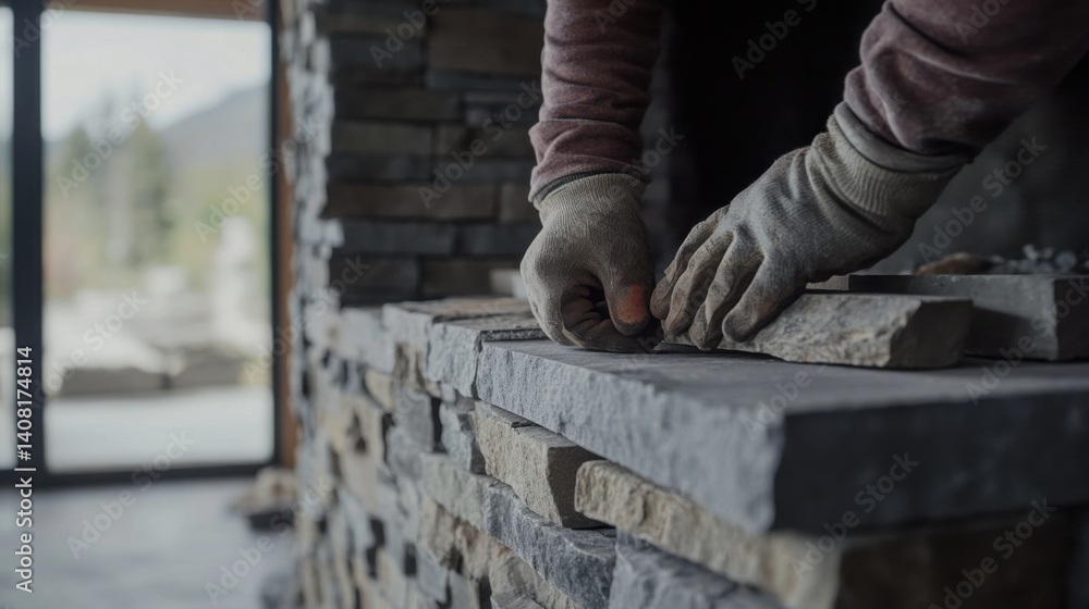Mason building a stone fireplace in a living room. Featuring stone construction and interior masonry Mason building a stone fireplace in a living room. Featuring stone construction and interior masonry