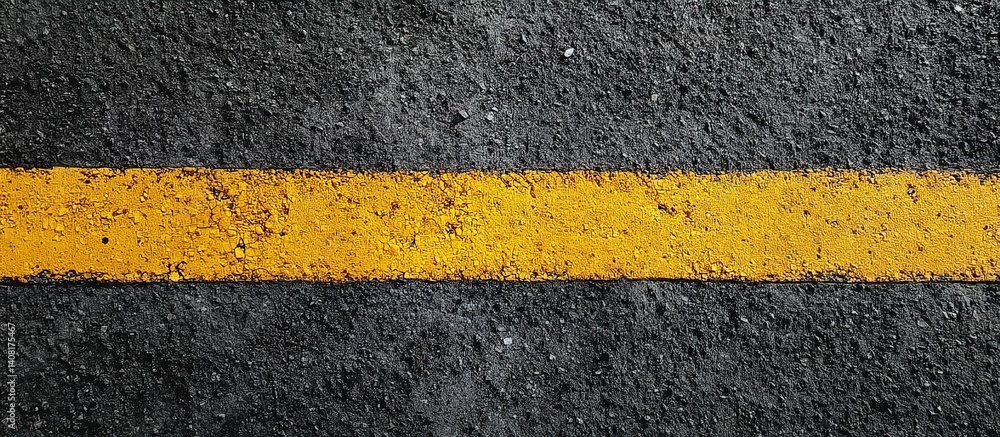 Close-up of a yellow solid line on textured black asphalt road, stark contrast.