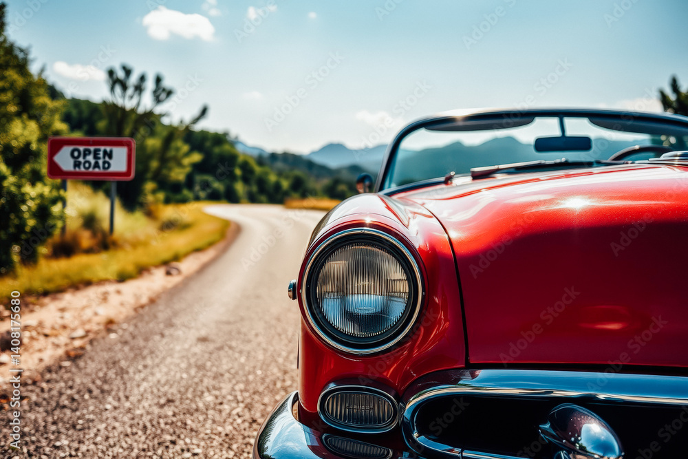 Fototapeta premium Classic Red Convertible Car on Winding Road