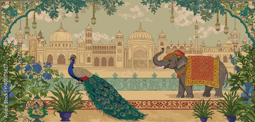 Mughal Pichwai Garden. Vector traditional illustration of temple, pillar arch, tropical plant, peacock,