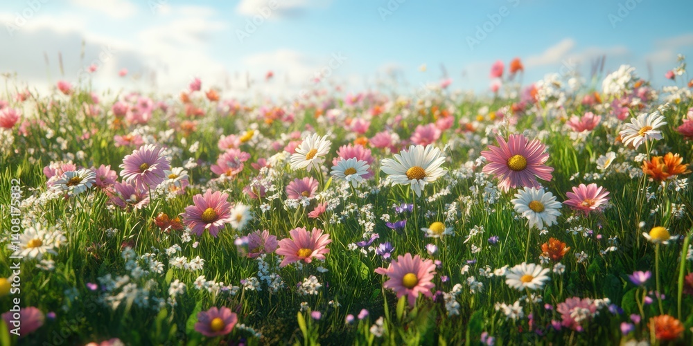 Fototapeta premium Vibrant wildflower field in springtime sunshine with a clear blue sky and blooming daisies and colorful flowers