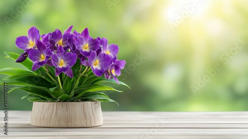 Wallpaper Mural Vibrant Purple Orchid Flowers in Decorative Pot on Wooden Table Torontodigital.ca
