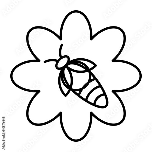 Bee on Flower Vector Line Icon Design