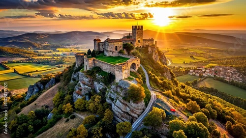 Majestic Medieval Castle Perched Atop a Rocky Cliff at Golden Hour