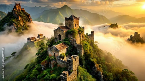 Mystical Mountaintop Castles at Sunset Amidst a Sea of Clouds