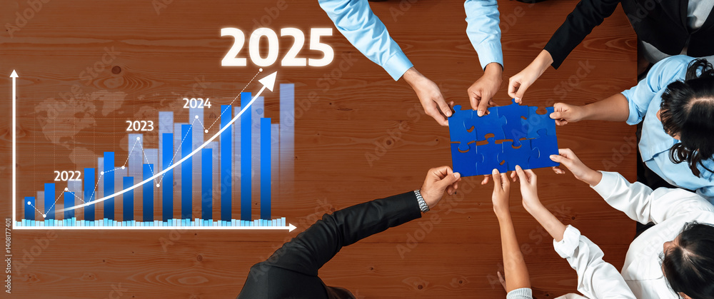 A dynamic scene depicting collaboration and strategic planning with hands assembling puzzle pieces beside an upward trending bar chart projecting future growth to 2025. Amity
