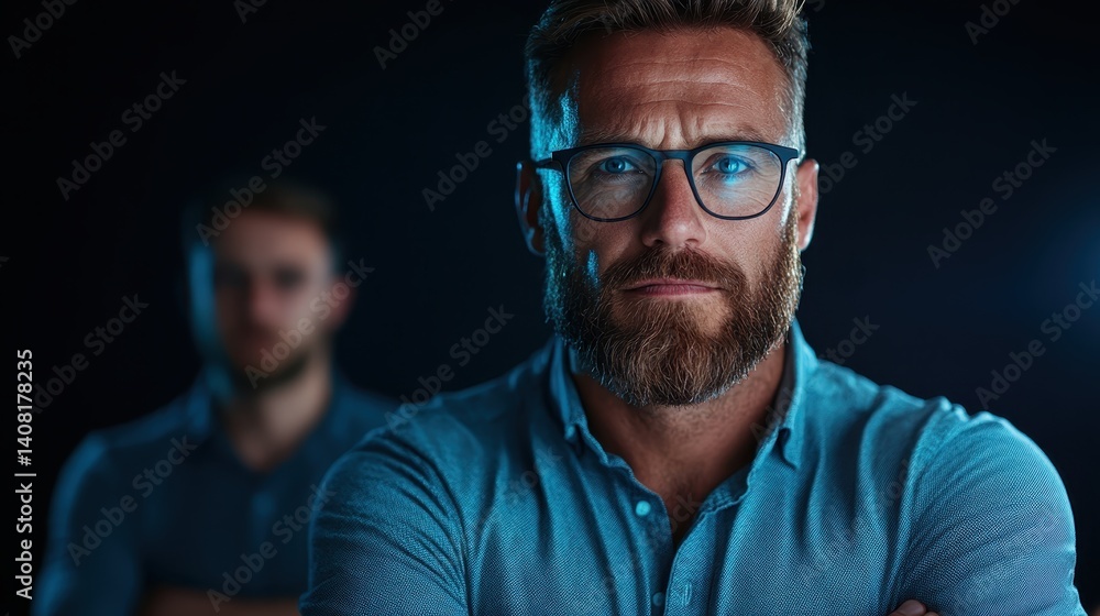 A confident man with glasses stands close to the camera, displaying determination in his expression as a soft blue light accentuates his features against a dark background. A confident man with glasses stands close to the camera, displaying determination in his expression as a soft blue light accentuates his features against a dark background.