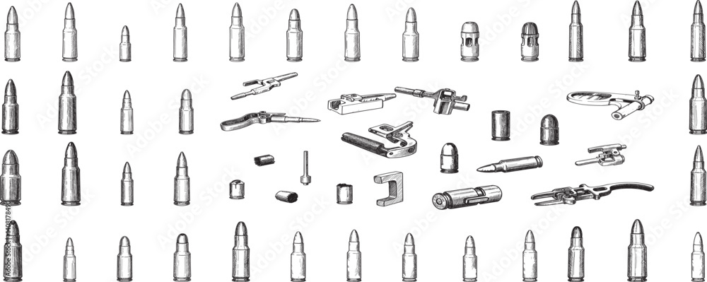 Obraz premium Set of Illustrations of bullets and cartridges in vintage monochrome style. Design element for logo, label, sign, emblem, poster.