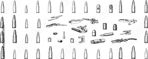 Set of Illustrations of bullets and cartridges in vintage monochrome style. Design element for logo, label, sign, emblem, poster.