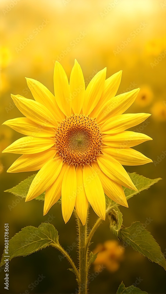 Naklejka premium Vibrant sunflower in full bloom radiating energy against a soft focused natural backdrop in high definition color