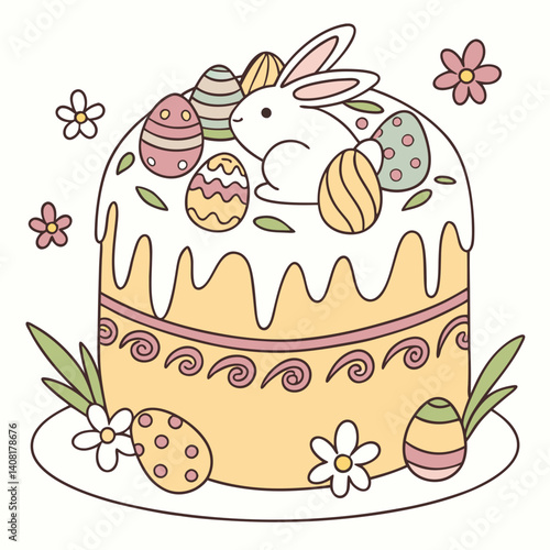 Easter cake with bunny and decorated eggs surrounded by flowers  