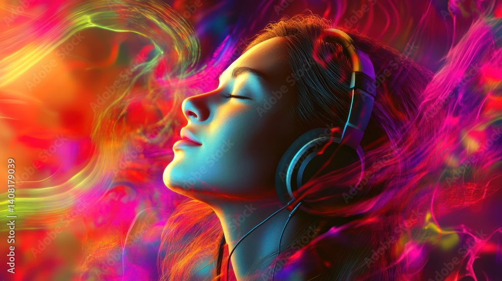 A vibrant woman with headphones immersed in a colorful sonic experience. A vibrant woman with headphones immersed in a colorful sonic experience.