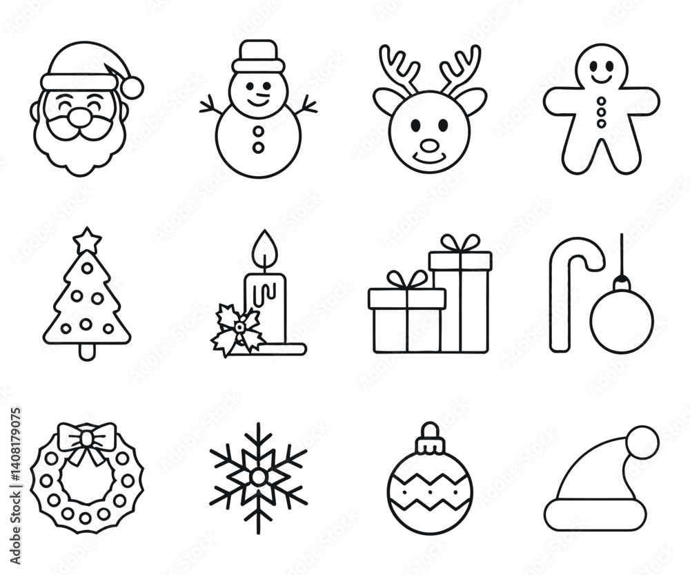 Fototapeta premium Outline Christmas Icon Set With Santa Snowman And Tree Holiday Season Vector Collection For Festive Design