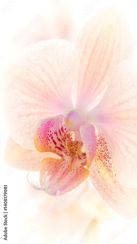 Vibrant butterfly orchid close up capture with intricate patterns under soft sunlight on white backdrop Vibrant butterfly orchid close up capture with intricate patterns under soft sunlight on white backdrop