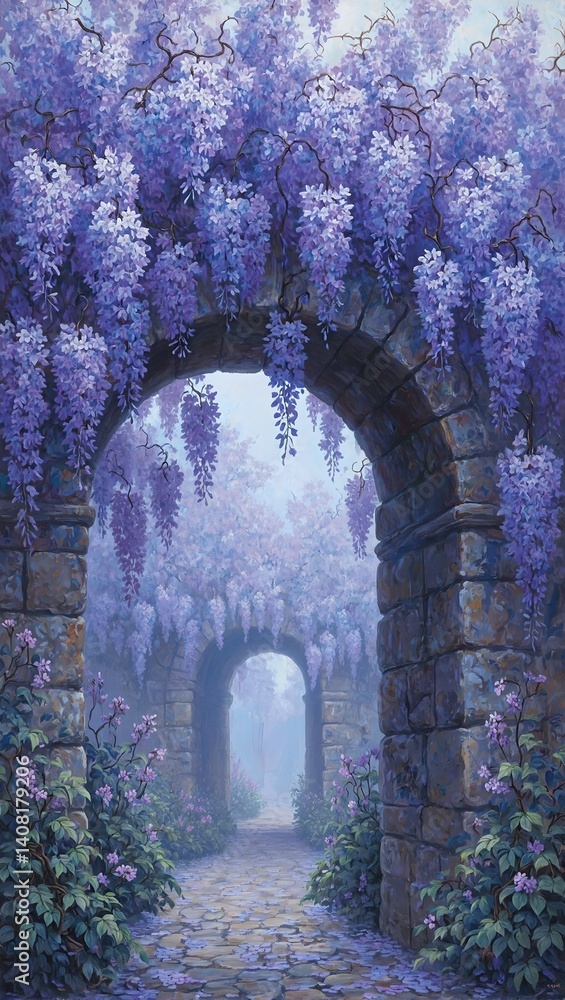 Fototapeta premium Discover the allure of a lavender wisteria in full bloom draping over an ancient stone archway in a captivating oil painting