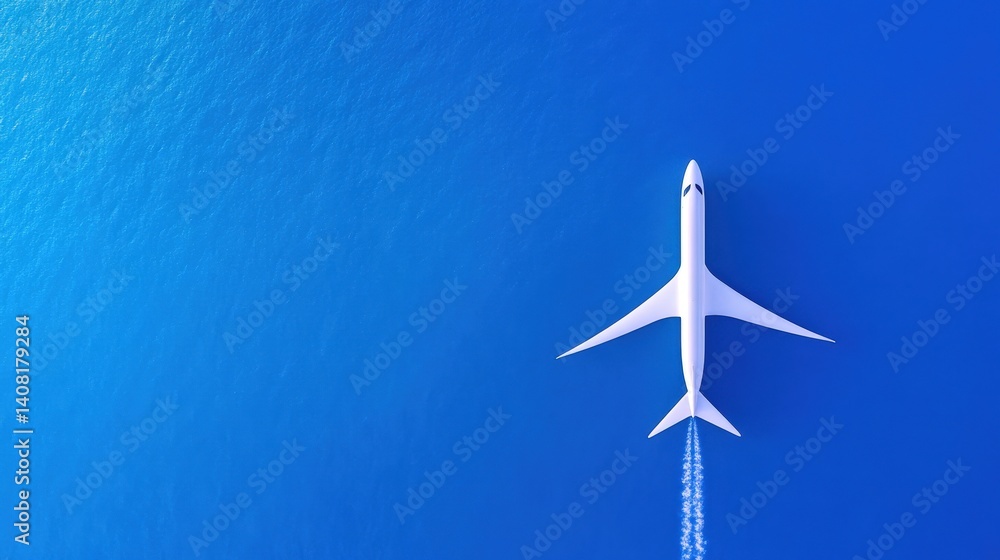 A white airplane soars high above a deep blue ocean under clear daylight conditions. The aircraft leaves a white trail in the sky, emphasizing its altitude and speed