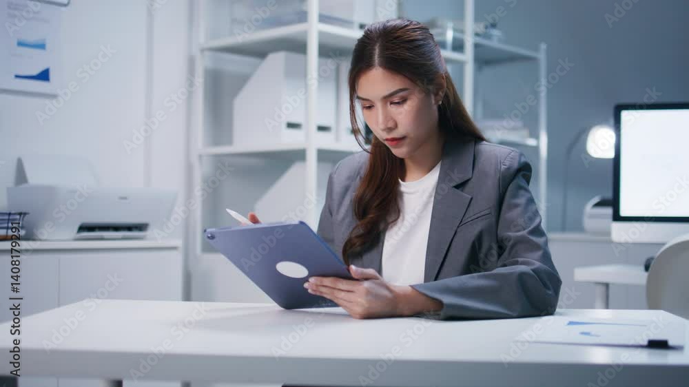 Portrait of Asian businesswoman sits at desk, using tablet computer, working online, planning on business project, browsing the internet in office workplace. Focused Female worker work in office. Portrait of Asian businesswoman sits at desk, using tablet computer, working online, planning on business project, browsing the internet in office workplace. Focused Female worker work in office.