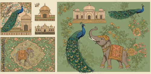 Mughal Pichwai Garden.Vector illustration of temple, pillar arch, tropical plant, peacock, elephant, flower