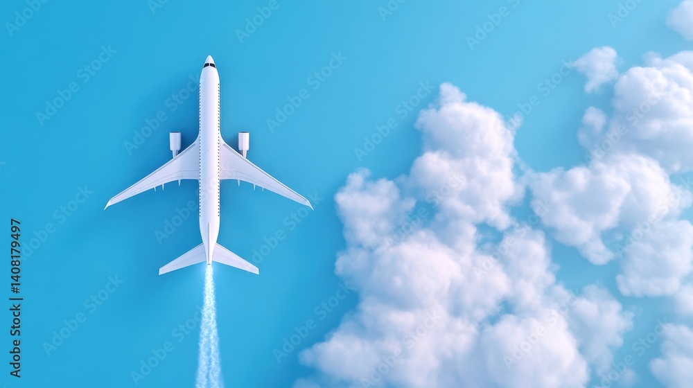 An airplane is flying high in the clear blue sky, emitting a white contrail as it moves past fluffy white clouds. The scene captures a perfect day for air travel