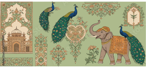 Mughal Pichwai Garden.Vector illustration of temple, pillar arch, tropical plant, peacock, elephant, flower