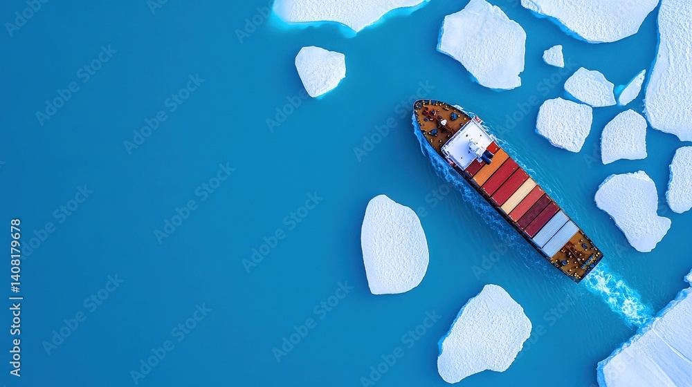 A container ship moves steadily through vibrant blue waters, surrounded by scattered icebergs