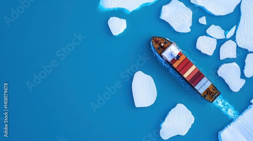 Obraz na płótnie A container ship moves steadily through vibrant blue waters, surrounded by scattered icebergs w salonie
