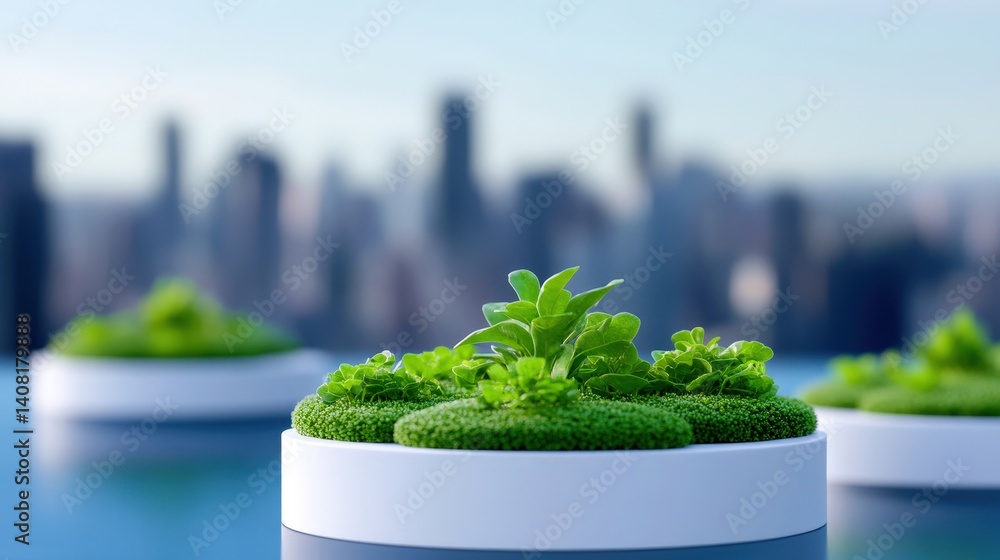 Vibrant green plants grow in modern planters, set against a panoramic city skyline during the day. The rooftop garden highlights urban agriculture's beauty and sustainability