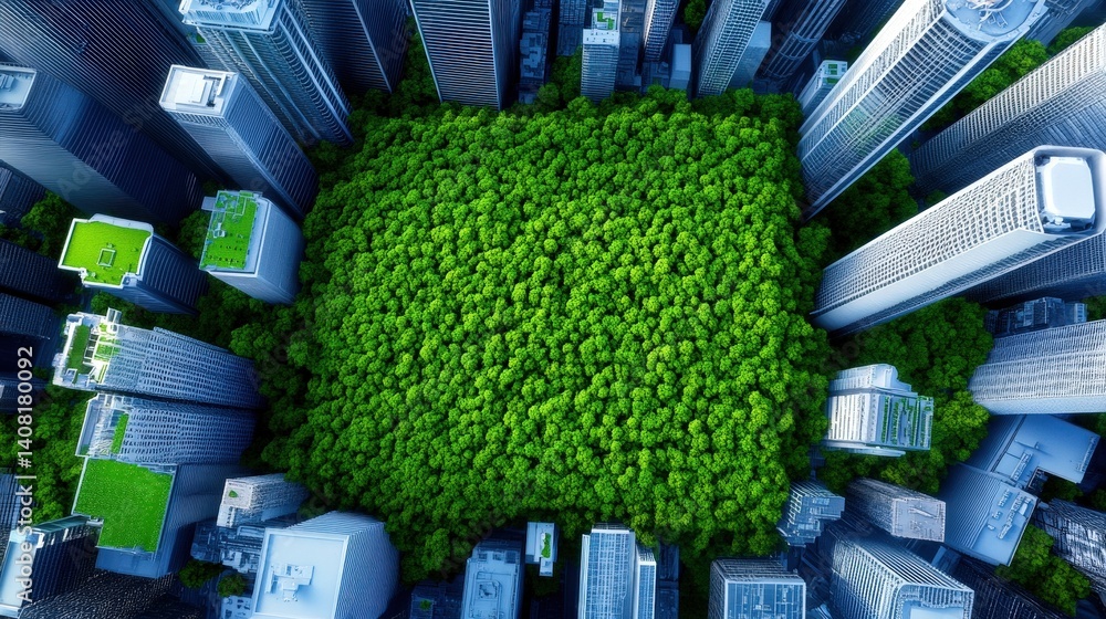 Lush greenery forms a vibrant forest amidst towering skyscrapers in a bustling urban area. The midday sunlight illuminates the contrast between nature and architecture