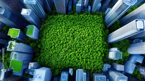 Lush greenery forms a vibrant forest amidst towering skyscrapers in a bustling urban area. The midday sunlight illuminates the contrast between nature and architecture