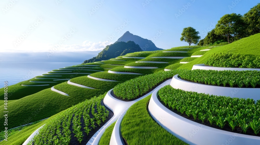 Lush green terraced fields ripple across the landscape, offering a stunning view of the tranquil ocean and towering mountain under a clear blue sky at midday