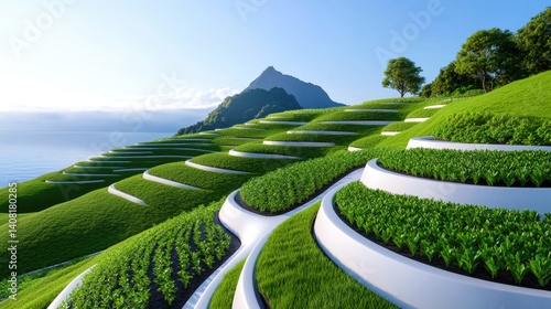 Obraz na płótnie Lush green terraced fields ripple across the landscape, offering a stunning view of the tranquil ocean and towering mountain under a clear blue sky at midday w salonie