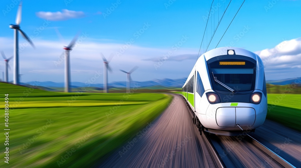 A high-speed train glides along tracks surrounded by lush green fields and wind turbines under a bright, clear sky during the daytime. The scene captures modern transportation in harmony with nature