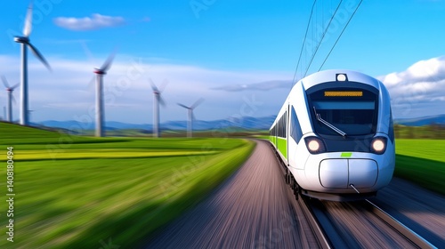 Obraz na płótnie A high-speed train glides along tracks surrounded by lush green fields and wind turbines under a bright, clear sky during the daytime. The scene captures modern transportation in harmony with nature w salonie