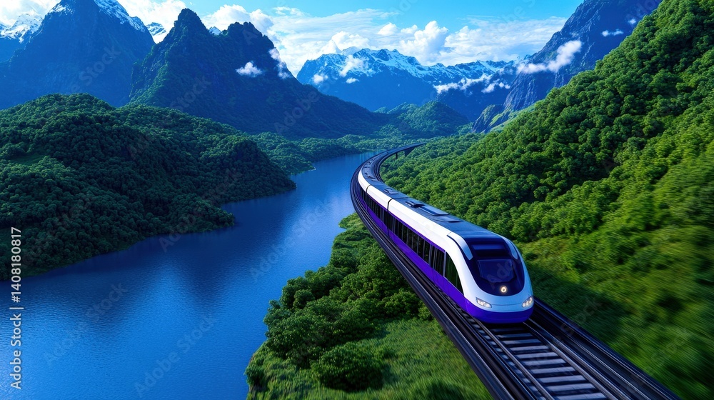 A modern train travels along tracks winding through verdant hills, beside a calm lake. Towering mountains rise in the background under a clear blue sky, illustrating a peaceful natural paradise