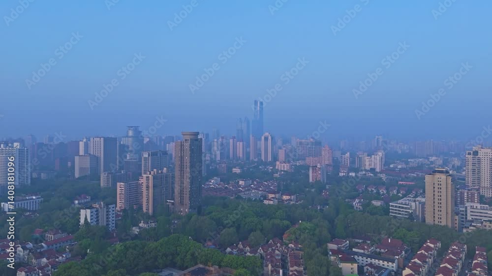 4K Real Time Aerial view of Shanghai skyline with heavy fog in the morning. 4K Real Time Aerial view of Shanghai skyline with heavy fog in the morning.