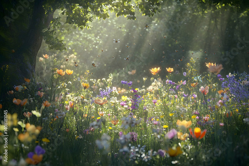 Fototapeta Naklejka Na Ścianę i Meble -  A sunlit meadow bursting with wildflowers.