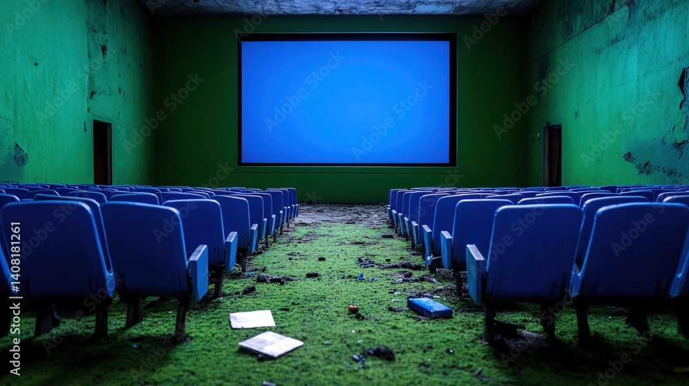 Rows of empty blue chairs face a large blue screen in a dilapidated cinema. The floor is covered with debris and moss, highlighting years of neglect in this forgotten space