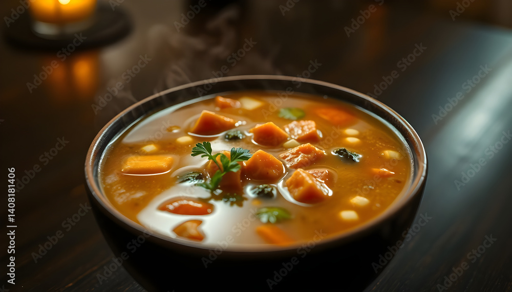 bowl of soup on a table with a candle in the background bowl of soup on a table with a candle in the background