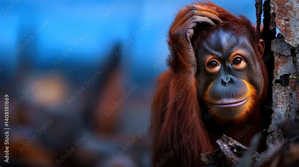 An orangutan is seen resting against a tree trunk, with a thoughtful expression on its face. The forest background features soft twilight lighting, creating a serene atmosphere
