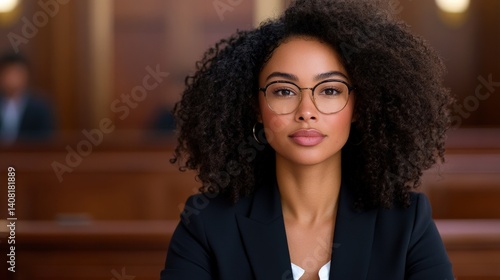 A confident lawyer with curly hair and glasses sits attentively in a courtroom, focused on the proceedings. The wood-paneled room creates a serious atmosphere for the legal discussions