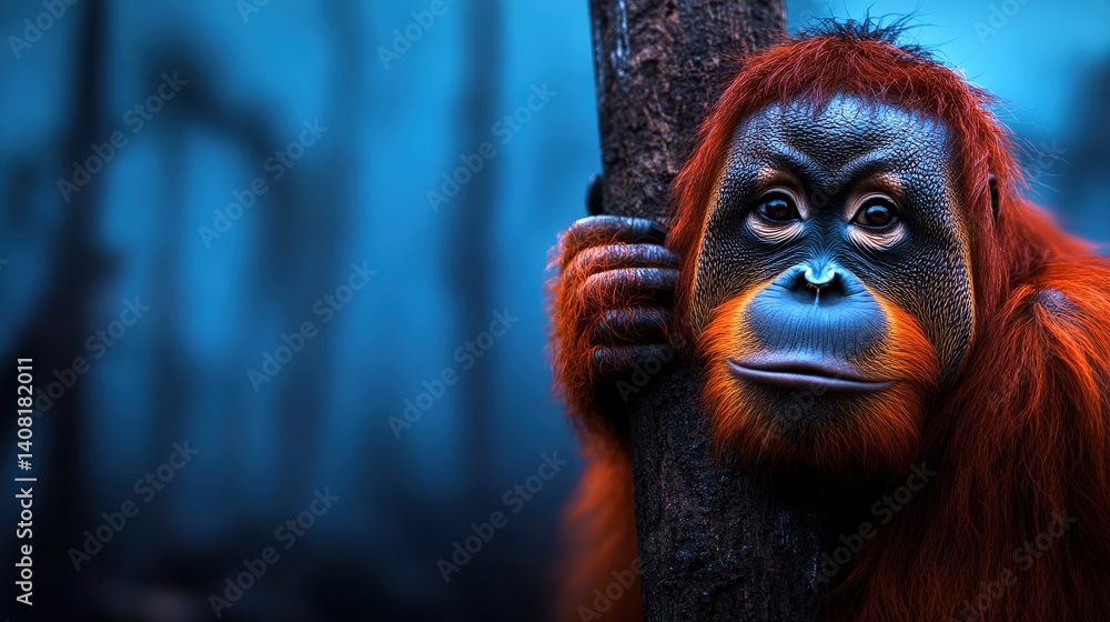 An orangutan with vibrant orange fur rests against a tree trunk in a dark, misty forest. The setting sun creates a magical twilight atmosphere, enhancing the creature's serene expression