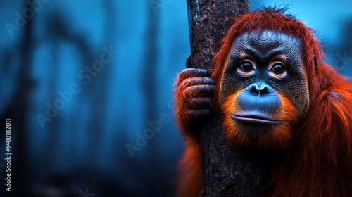 An orangutan with vibrant orange fur rests against a tree trunk in a dark, misty forest. The setting sun creates a magical twilight atmosphere, enhancing the creature's serene expression